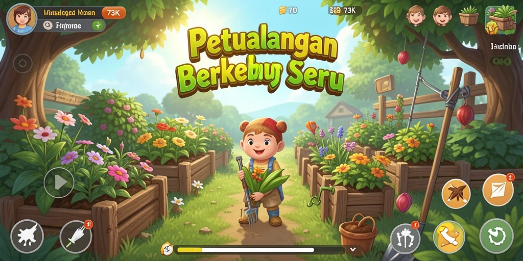 Screenshot gameplay 73K menampilkan petani merawat tanaman dan hewan dengan pemandangan alam yang indah.