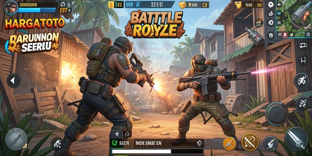 Tampilan dinamis dari gameplay HARGATOTO dalam pertempuran Battle Royale.