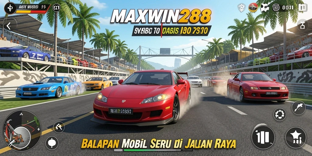Screenshot gameplay MAXWIN288 yang menampilkan balapan seru di jalan raya.