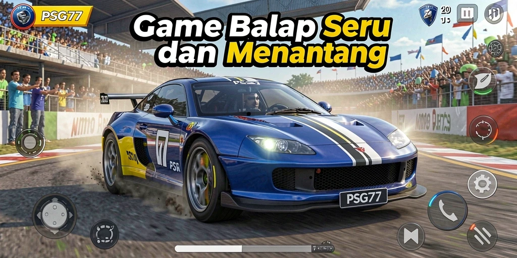 Tampilan gameplay PSG77 dengan aksi balap mendebarkan di lintasan.